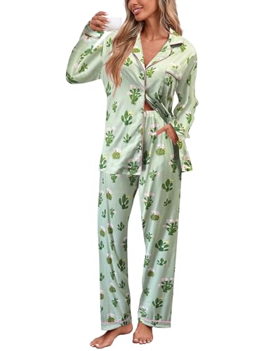 Famulily Freizeitanzug Damen Zweiteilige Button Up V-Ausschnitt Shirt mit langem Pyjama Hose Set mit Taschen Grün XXL von Famulily