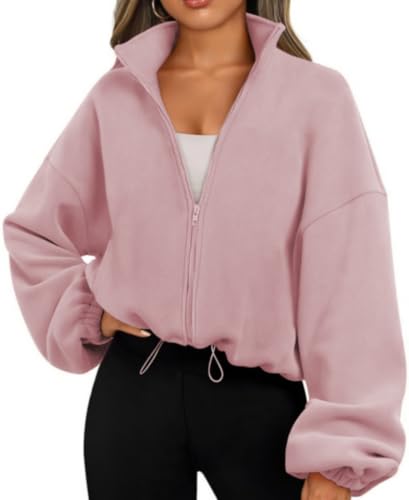 Famulily Frühling Pullover Sweatshirts für Damen Langarm Übergröße Basic Full Zip Fleece Kurz Jacke Loose Fit Outwear Tunika Hoodies Rosa XL von Famulily