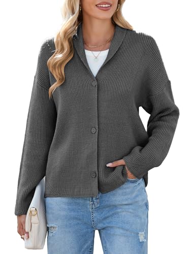 Famulily Gerippte Strickjacken für Damen, Knopf, V-Ausschnitt, gemütlich, Strickjacke, locker, Winter, warme Mäntel, dunkelgrau, S von Famulily