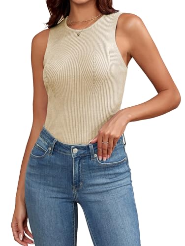 Famulily Geripptes Tanktop für Damen, hoher Halsausschnitt, dehnbar, ärmellos, Basic, einfarbig, Weste, beige, Large von Famulily