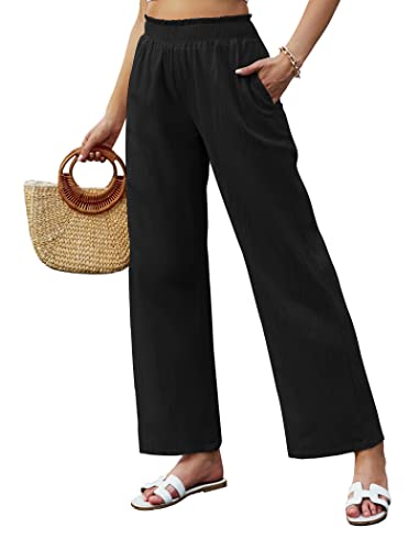 Famulily Gesmokte Hose Damen Lang Weites Bein Yogahose Damen Lang mit Taschen High Waist Stoffhose Damen Sommer Leicht Elegant Schwarz XL von Famulily