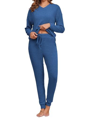 Famulily Hausanzug Damen Jogginganzug Zweiteiler Freizeitanzug Outfit Pullover Set Trainingsanzug, Loungewear Langarm Oberteil und Hosen mit 4 Taschen (XL,Blau) von Famulily