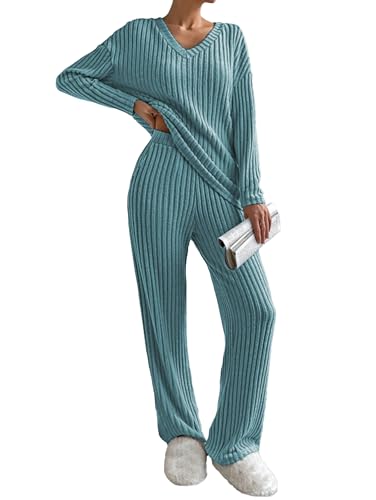 Famulily Hausanzug Damen Schlafanzug Langarm V-Ausschnitt Loungewear Jogginganzug Weites Bein Zweiteiler Set Outfit mit Taschen (S,Grün) von Famulily