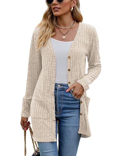 Famulily Herbst Winter Cardigans für Frauen mit Taschen, Button Down Open Front Cardigans Pullover für Damen (L, Beige) von Famulily