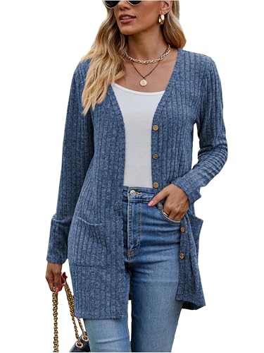Famulily Herbst Winter Cardigans für Frauen mit Taschen, Button Down Open Front Cardigans für Damen (S, Marineblau) von Famulily