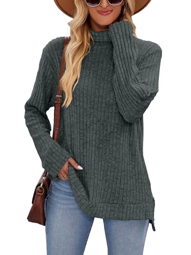 Famulily High Neck Langarm Pullover für Damen, Longline Sweatshirts Rippstrick Pullover Tunika Tops (S, Armee Grün) von Famulily