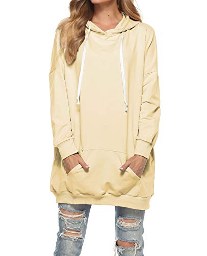 Famulily Hoodie Kleid Damen Oversize Long Sweatshirt Langarm Herbst Pullover Frauen Kuschel Kapuzenpulli Beige M von Famulily