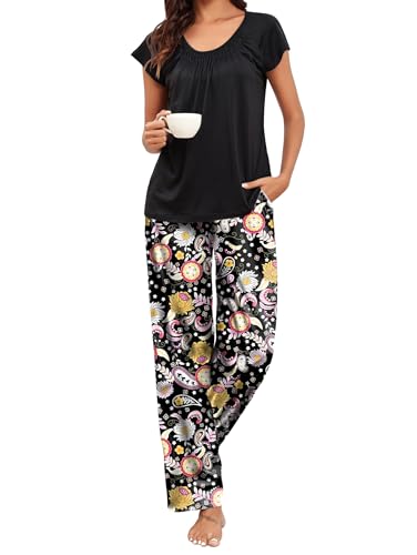 Famulily Kurzer Schlafanzug Damen mit Aufdruck Sommer Hausanzug 2-Teilig Elegant Lounge Set Lange Hose Frauen Pyjama mit Blumen Schwarz M von Famulily