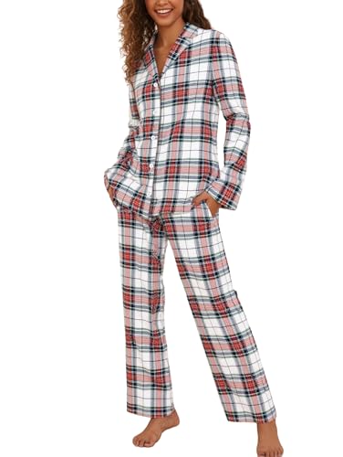 Famulily Langärmelige Pajama Set für Frauen 2 Stück Lounge Set Button Down Plaid Sleepwear Casual Fall Pjs Weiß XXL von Famulily