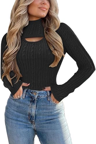 Famulily Langarm Pullover Damen mit Cut Out 2 Teiler Set Strick Schwarz XL von Famulily