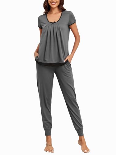 Famulily Leichter NachtwäSche Damen Sommer Kurz Homewear Set Sommer Pyjama Mit Taschen GemüTlicher Schlafanzug Damen Tshirt Lange Hose Dunkelgrau L von Famulily