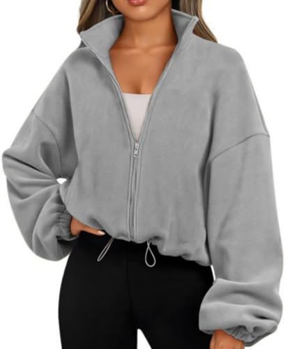 Famulily Leichtes kurzes Sweatshirt für Reisen Damen Solide Farbe Langarm Strickjacken Top Herbst Winter Outfits Grau XL von Famulily