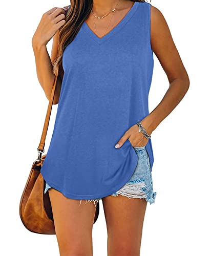 Famulily Lockere Oberteile Damen Sommer Lässig Long Top Damen Lang Ärmellose Shirts V Ausschnitt Blusen Blau 2XL von Famulily