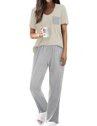Famulily Lounge Wear Sets für Frauen Sommer-T-Shirts mit Langen Pyjama-Hosen Weiche Pyj-Sets Leichte Schlafbekleidung Gestreift M von Famulily