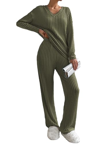 Famulily Loungewear Damen Set Schlafanzug Langarm V-Ausschnitt Nachtwäsche Lounge Set Jogginganzug Zweiteiler Outfit (S,Armeegrün) von Famulily