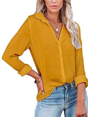 Famulily Musselin Bluse Damen Langarm Frauen Hemd V Ausschnitt Bluse mit KnöPfen Gelb L von Famulily