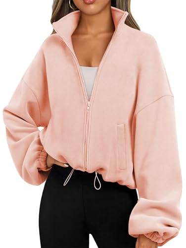 Famulily Outdoor Strickjacke mit Kragen Damen Frühling Herbst Sport Kurz Fleece-Mäntel mit Taschen Kordelzug Saum Rosa M von Famulily