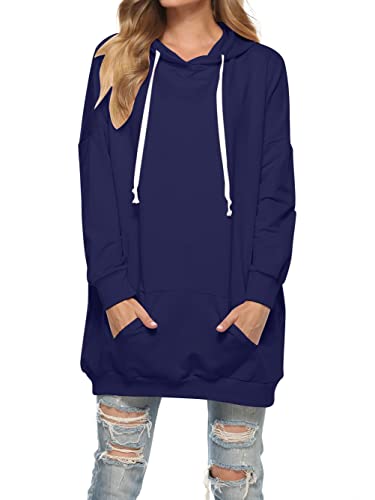 Famulily Oversize-Kapuzenpullover für Damen, extra lang, mit Kapuze, Tunika, Sweatshirt mit Taschen, Marineblau, XXL von Famulily