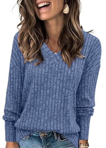 Famulily Pullover Damen Langarmshirt Oversize Leichte Strickpullover V-Ausschnitt Elegant Oberteile Herbst (M,Blau) von Famulily