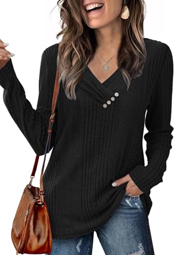 Famulily Damen Elegant V-Ausschnitt Langarm Strickpullover Warm Sweatshirts Tunika Oberteile mit Knopf Schwarz XXL von Famulily