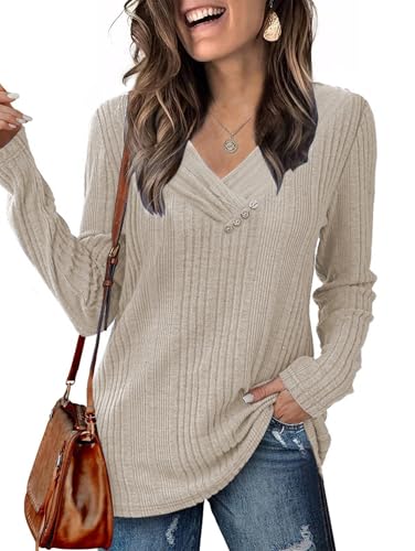 Famulily Pullover für Damen V-Ausschnitt Langarmshirt Leichter Strickpullover Oberteil mit Runder Knöpfe Beige L von Famulily