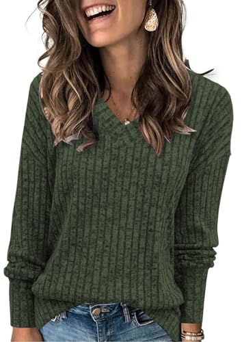 Famulily Pullover V Ausschnitt Damen Langarmshirt Oversize Leichte Strickpullover Elegant Oberteile Herbst (XXL,Dunkelgrün) von Famulily