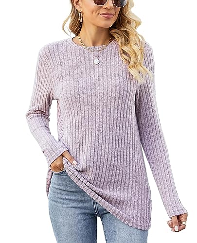 Famulily Pullover für Damen Langarm Herbst Winter Casual Langarmshirts Leichter Strickpullover Oberteil mit Rundhalsausschnitt (M,Rosa) von Famulily