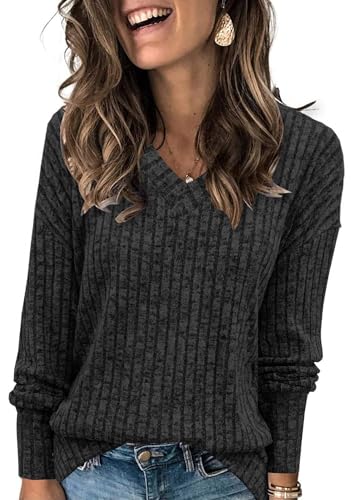Famulily Pullover für Damen V-Ausschnitt Strickpulli Herbst Leichter Langarmshirt Oberteil mit Seitliche Schlitze (L,Schwarz) von Famulily