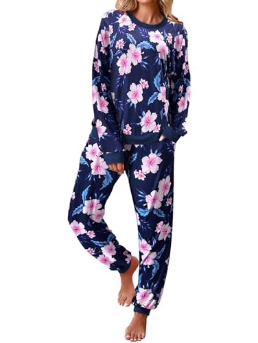 Famulily Pyjama Damen Lang Schlafanzug 2 Stück Druckmuster Nachtwäsche Winter Kuschelig Schlafanzüge Lounge Sets Frauen Freizeitanzug mit Tasche Dunkelblau S von Famulily
