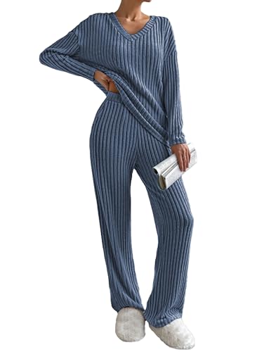 Famulily Pyjama Damen Lang Schlafanzug Langarm V-Ausschnitt Loungewear Jogginganzug Weites Bein Zweiteiler Set Outfit mit Taschen (XL,Blau) von Famulily