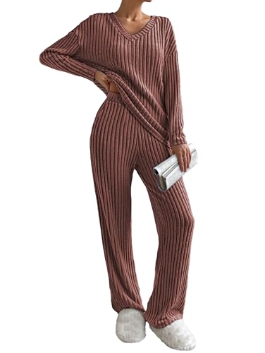 Famulily Pyjama Damen Lang Schlafanzug Langarm V-Ausschnitt Loungewear Nachtwäsche Zweiteiler Herbst Set Hose und Oberteil (XXL,Rot) von Famulily