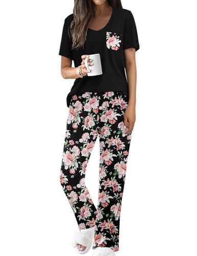 Famulily Pyjama Damen Schwarz Klassische lose Kurzarm Pjs Set mit Taschen Weiche Nachtwäsche M von Famulily
