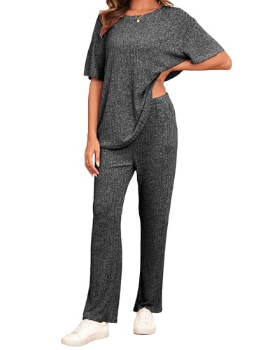 Famulily Pyjama Nachtwäsche für Damen Schlafanzug Sommer Kurzarm Rundhals Loungewear Lounge Set Jogginganzug Zweiteiler (S,Dunkelgrau) von Famulily