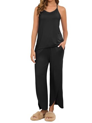 Famulily Pyjama-Set für Damen, Loungewear mit Taschen, Neckholder-Tops und weitem Bein, geteilte Hose, Pyjama-Set, Nachtwäsche, Schwarz , XL von Famulily