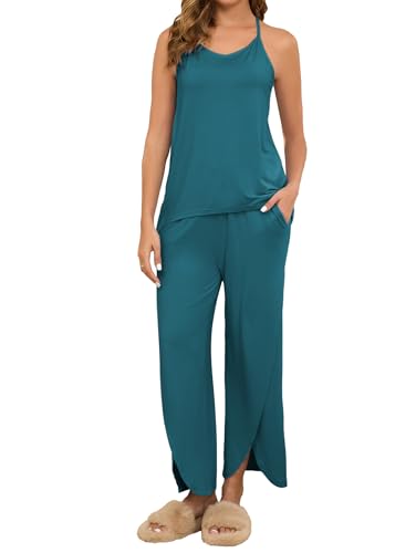 Famulily Pyjama-Set für Damen, Loungewear mit Taschen, Neckholder-Tops und weitem Bein, geteilte Hose, Pyjama-Set, Nachtwäsche, grün, L von Famulily