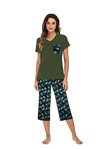 Famulily Pyjama für Damen, Baumwolle, bequem, Damen-Pyjama-Set, Blumendruck, kurzärmelig, Loungewear-Top und Hose mit weitem Bein, kurze Hose, weiche Nachtwäsche, Nachtwäsche S-XXL, armee-grün, 38 von Famulily