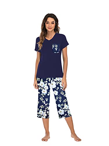 Famulily Pyjama für Damen, Baumwolle, bequemer Schlafanzug, Damen-Pyjama-Set, Blumendruck, kurzärmelig, Loungewear-Top und Hose mit weitem Bein, kurze Hose, weiche Nachtwäsche, Nachtwäsche, S-XXL, von Famulily