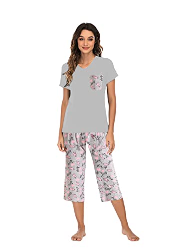 Famulily Pyjama für Damen, Baumwolle, bequem, Pyjama-Set, Blumendruck, kurzärmelig, Loungewear-Oberteil und weites Bein, kurze Hose, weiche Nachtwäsche, Nachtwäsche S-XXL, hellgrau, 38 von Famulily