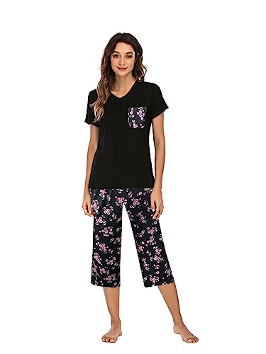 Famulily Pyjama für Damen, Baumwolle, bequemer Schlafanzug, Damen-Pyjama-Set, Blumendruck, kurzärmelig, Loungewear-Top und Hose mit weitem Bein, kurze Hose, weiche Nachtwäsche, Nachtwäsche, S-XXL, von Famulily