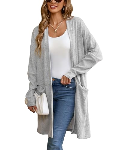 Famulily Rib gestrickte graue Cardigans für Frauen, lose offene Front Lange Länge leichte Cardigan Mantel (S, Grau) von Famulily