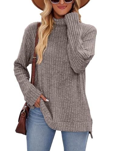 Famulily Damen Rollkragen Leichte Pullover, Langarm Tunika Tops Side Splits Pullover High Low Saum (L, Grau) von Famulily