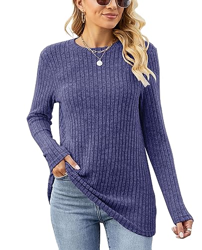 Famulily Rundhals Pullover Damen Leichter Strickpullover Pulli Herbst Strickpulli Elegant Langarm Oberteile (XXL,Blau) von Famulily
