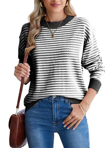 Famulily Rundhalsausschnitt Langarm Schwarze Pullover für Frauen Damen Gestreifte Farbblock Strickpullover (XL, Schwarz) von Famulily