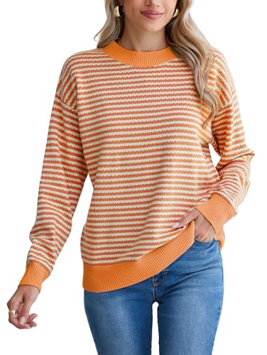 Famulily Rundhalspullover Pullover für Frauen, Damen gestreifte Farbblock Winter Pullover Jumper Tops (L, Orange) von Famulily