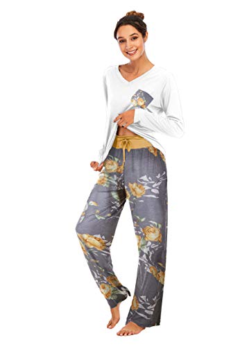 Famulily Schlafanzüge für Damen Pyjama Baumwolle Lang Pyjama Set Nachtwäsche Zweiteiliger Lang Hose und Tops Weich Damen Lounge Sets,Gelb,XL von Famulily