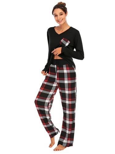 Famulily Schlafanzüge für Damen Pyjama Baumwolle Lang Pyjama Set Nachtwäsche Zweiteiliger Lang Hose und Tops Weich Damen Lounge Sets,Kariert,XXL von Famulily