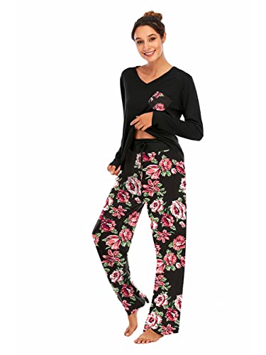 Famulily Schlafanzüge für Damen Pyjama Baumwolle Lang Pyjama Set Nachtwäsche Zweiteiliger Lang Hose und Tops Weich Damen Lounge Sets,Rot,L von Famulily