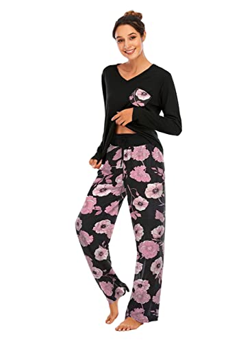 Famulily Schlafanzüge für Damen Pyjama Baumwolle Lang Pyjama Set Nachtwäsche Zweiteiliger Lang Hose und Tops Weich Damen Lounge Sets,Violett,M von Famulily