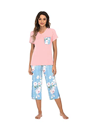 Famulily Schlafanzug Damen Kurz Pyjama Set Baumwolle Hausanzug Kurzarm Top mit 3/4 Lang Schlafhose Blumendruck Zweiteiliger Nachtwäsche,Rosa,L von Famulily