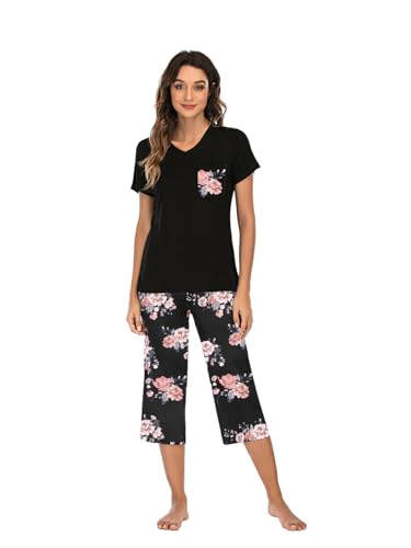 Famulily Schlafanzug Damen Kurz Pyjama Set Baumwolle Hausanzug Kurzarm Top mit 3/4 Lang Schlafhose Blumendruck Zweiteiliger Nachtwäsche,Schwarz,L von Famulily